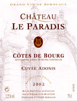 Ch�teau Le Paradis - Cuv�e Adonis 2002, AOC C�tes-de-Bourg (la bouteille)